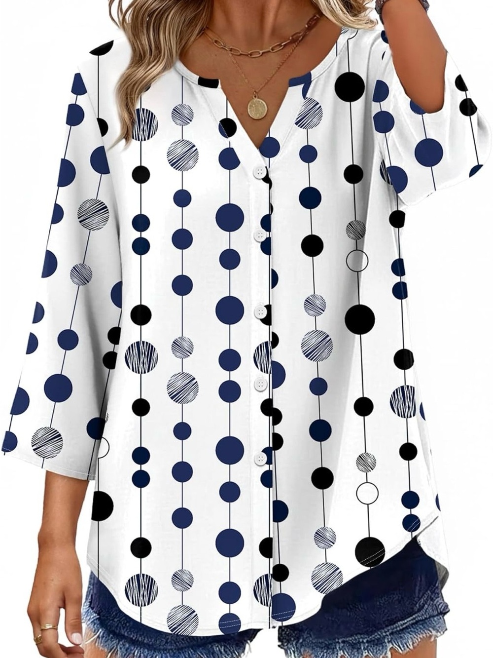 White and Navy Polka-Dot Button Front Blouse